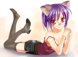  animal_ears ass breasts cleavage female fox_(trickster) fox_ears glasses high_heels lying medium_breasts miniskirt mofmof_(sousa) on_stomach pencil_skirt purple_hair red_eyes shoe_dangle shoes single_shoe skirt solo strap_slip thighhighs trickster_(ntreev_soft) 