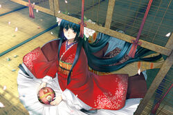  ball blue_hair blunt_bangs commentary female flower from_above gimei hair_flower hair_ornament hime_cut holding japanese_clothes kimono leaf long_hair long_sleeves original petals red_kimono sitting solo temari_ball very_long_hair wide_sleeves 