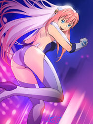  ass bad_id bad_pixiv_id birdy_cephon_altera blue_leotard dyed_bangs female highres leotard mots solo tetsuwan_birdy tetsuwan_birdy_decode 