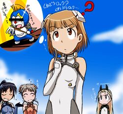  4girls ? blonde_hair blue_eyes blue_gloves blue_leotard brown_eyes brown_hair commentary_request doraemon doraemon_(character) elise_von_dietrich gloves grey_gloves grey_leotard ichijou_eika imagining leotard long_hair mohawk motion_slit multiple_girls orange_leotard pun sakurano_otoha short_hair sky_girls sonomiya_karen sweatdrop takaya_n thinking translated white_leotard 