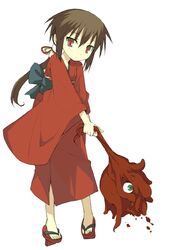  bad_link brown_eyes brown_hair eyeball female geta guro_cure ikura_hato japanese_clothes kimono kurame kusari_hime:_euthanasia ponytail red_kimono saya_(saya_no_uta) saya_no_uta slit_pupils solo 