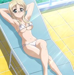  anime_screenshot bikini black_eyes blonde_hair breasts chair cleavage female glasses kamishiro_yukari_(nogizaka_haruka) long_hair lounge_chair lying medium_breasts nogizaka_haruka_no_himitsu solo stitched swimsuit third-party_edit tile_floor tiles white_bikini 