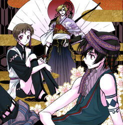  3boys armor bow_(weapon) code_geass egasumi gino_weinberg hand_fan hexagon highres japanese_armor japanese_clothes kimura_takahiro kote kurokote lelouch_vi_britannia multiple_boys ookouchi_ricca photoshop_(medium) rolo_lamperouge sayagata scan shippou_(pattern) tattoo weapon yagasuri 