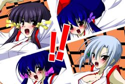  ! !! 4girls :d all-out_attack angry arcana_heart arms_up bad_source black_hair blue_hair blunt_bangs blush breasts cleavage close-up grey_hair hair_ribbon hime_cut hopper_(canon) japanese_clothes kasuga_koito kasuga_kouta kasuga_maori kasuga_tsuzune large_breasts long_hair miko multiple_girls open_clothes open_mouth open_shirt parody persona persona_4 ponytail red_eyes ribbon sarashi shirt short_hair siblings side_ponytail sisters smile twins 