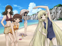  5girls beach bikini blue_sky casual_one-piece_swimsuit chii chobits cloud cowboy_shot day hibiya_chitose imageboard_desourced kimura_masahiro long_hair mini_person minigirl multiple_girls non-web_source official_art official_wallpaper old_school_swimsuit one-piece_swimsuit oomura_yumi outdoors parasol school_swimsuit shimizu_takako_(chobits) sky standing stretching sumomo_(chobits) swimsuit umbrella very_long_hair watermark 