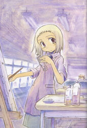  2girls apron art_brush artist_request blonde_hair canvas_(object) easel kasugano_hiyori multiple_girls paint paintbrush painting_(action) scan sketchbook_full_colors torikai_hazuki 