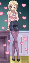  anime_screenshot black_eyes blonde_hair blush female glasses heart highres kamishiro_yukari_(nogizaka_haruka) legs nogizaka_haruka_no_himitsu one_eye_closed pantyhose solo stitched table third-party_edit 