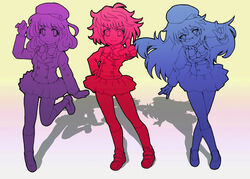  3girls \m/ akashi_kaoru beret bow commentary_request crossed_legs ebi_tendon glasses hat kneehighs leg_lift long_hair multiple_girls nogami_aoi photoshop_(medium) pointing sannomiya_shiho school_uniform shadow shoes short_hair skirt smile sneakers socks standing the_children watson_cross zettai_karen_children 