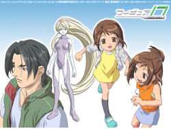  1boy 3girls :d bare_shoulders black_hair blonde_hair blush bodysuit brown_eyes brown_hair dd domoto_daisuke dress figure_17 green_eyes green_vest holding_hands jacket long_hair looking_away looking_back multiple_girls open_mouth pale_skin ponytail running shiina_hikaru shiina_tsubasa short_hair smile sweater_vest very_long_hair vest yellow_dress 