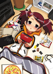  brown_hair chips_(food) commentary_request female food game_boy game_boy_(original) game_boy_advance game_boy_advance_sp game_console hair_ornament hairclip handheld_game_console holding holding_handheld_game_console hood hoodie ico imaizumi_teruhiko indoors jacket kotatsu lying original pizza playing_games playstation_2 purple_eyes red_hair short_hair solo table track_jacket twintails video_game 