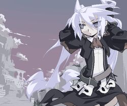  belt black_coat coat female grey_belt grey_eyes long_hair looking_back lowres mof mof&#039;s_silver_haired_twintailed_girl oekaki original pixel_art solo twintails white_hair 