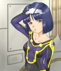  blush bodysuit commentary_request felniam female gloves kitaooji_hanabi purple_eyes purple_hair sakura_taisen sakura_taisen_iii short_hair solo 