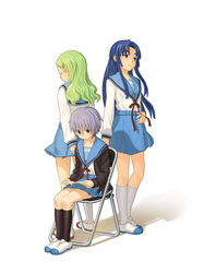  3girls asakura_ryouko back-to-back blue_hair blue_sailor_collar blue_skirt book brown_cardigan cardigan chair glasses green_hair imageboard_desourced kimidori_emiri kita_high_school_uniform long_hair long_sleeves multiple_girls nagato_yuki non-web_source open_cardigan open_clothes purple_hair red_ribbon ribbon sailor_collar school_uniform serafuku short_hair sitting skirt standing suzumiya_haruhi_no_yuuutsu wait8 winter_uniform 