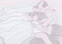  3girls armpits arms_up bare_legs bare_shoulders breasts buttons chemise cleavage closed_eyes collarbone flat_chest from_side head_tilt kiriman_(souldeep) lying multiple_girls on_back on_bed original parted_lips pillow sleeping sleeveless small_breasts smile upper_body 