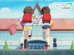  2girls backpack bag brown_hair figure_17 holding_hands multiple_girls outdoors ponytail randoseru running school shiina_hikaru shiina_tsubasa short_hair skirt 