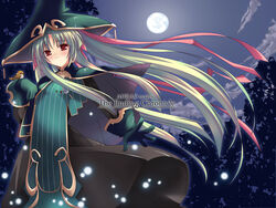  bird bird_on_hand brynhild_schild female gloves hair_ribbon hat long_hair moon multicolored_hair night owari_no_chronicle photoshop_(medium) red_eyes ribbon shimakaze_(soundz_of_bell) solo two-tone_hair witch witch_hat 