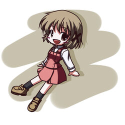  black_socks brown_eyes brown_hair chibi commentary_request dress female fictional_sister hair_ornament hidamari_sketch kneehighs loafers long_sleeves looking_at_viewer red_dress school_uniform shoes short_hair socks solo tareme x_hair_ornament yamabuki_high_school_uniform yuno_(hidamari_sketch) 