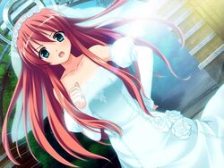  blue_eyes bride day dress female game_cg gloves kamo_rikka long_hair narumi_suzune open_mouth outdoors prawf_clwyd red_hair solo souryuu_(double_dragon) wedding_dress 