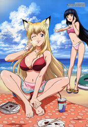  2girls :d ;p absurdres animal_ears apron barefoot beach_towel bikini blonde_hair blue_eyes blue_hair bow breasts breasts_squeezed_together chopsticks cleavage cloud contrapposto cup day drink drinking_straw feet floral_print food fox_ears full_body hand_on_own_cheek hand_on_own_face hand_up happy highres holding holding_food holding_own_foot ice_cream ice_cream_cone index_finger_raised innertube knees_up kou_(wagaya) large_breasts legs licking long_hair looking_at_viewer megami_magazine multiple_girls navel nitta_yasunari ocean official_art one_eye_closed open_mouth outdoors outstretched_arm pink_bikini plate pointing polka_dot red_bikini sandals satou_taka scan shadow shiny_skin sideboob sidelocks sitting sky small_breasts smile soles sports_bikini spread_legs standing swim_ring swimsuit tenko_kuugen toes tongue tongue_out towel very_long_hair wagaya_no_oinari-sama waist_apron water 