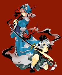  2girls absurdres bad_id bad_pixiv_id blue_eyes grey_hair hat highres konpaku_youmu konpaku_youmu_(ghost) multiple_girls pink_hair saigyouji_yuyuko simple_background sword todoroki_sora touhou weapon 