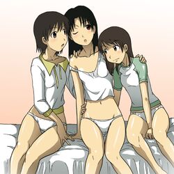  3girls amasawa_yuuko bed commentary_request dennou_coil hashimoto_fumie highres lowleg lowleg_panties multiple_girls no_pants okonogi_yuuko panties raglan_sleeves takaya_n underwear white_panties yuri 