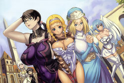  2boys 5girls =_= abs absurdres angel_of_light_nanael asymmetrical_wings black_hair blonde_hair blue_eyes blush bodysuit breast_envy breast_press breasts breasts_squeezed_together cattleya_(queen&#039;s_blade) cleavage corset cover cover_page eiwa exiled_warrior_leina fiotiel_shalaklard gainos_priestess_melpha glasses gloves hat highres huge_breasts large_breasts leina_(queen&#039;s_blade) lips mature_female melpha_(queen&#039;s_blade) multiple_boys multiple_girls nanael_(queen&#039;s_blade) queen&#039;s_blade rana_(queen&#039;s_blade) standing town weapon_merchant_cattleya wings 