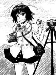  camera female greyscale hat holding holding_camera imageboard_desourced kana-p looking_away monochrome non-web_source shameimaru_aya smile solo touhou 