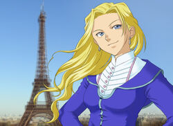  blonde_hair blue_eyes earrings eiffel_tower female glycine_bleumer jewelry k-ma long_hair sakura_taisen sakura_taisen_iii smile solo upper_body 