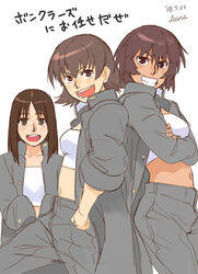  3girls azumanga_daiou azusa_(hws) bob_cut bonklers brown_eyes brown_hair commentary_request gakuran highres kagura_(azumanga_daioh) kasuga_ayumu long_hair midriff multiple_girls navel open_clothes open_shirt school_uniform shirt short_hair sleeves_rolled_up smile strapless takino_tomo tomboy translated tube_top white_background 