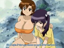  2girls animated animated anime_screenshot arm_around_shoulder arm_support bandeau bikini bikini_under_clothes blinking bouncing_breasts breasts brown_hair bush cleavage english_text frown girls_bravo groin hair_between_eyes hair_ornament hair_ribbon hairclip hand_on_shoulder hug huge_breasts kojima_kirie koyomi_hare_nanaka leaning_forward long_hair looking_down lowleg lowleg_bikini lowres motion_blur multiple_girls orange_bikini outdoors purple_hair ribbon rock sad shirt short_hair side_ponytail sidelocks sitting smile subtitled swimsuit third-party_edit v_arms 