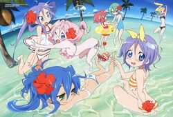  6+girls :3 :d ahoge anchor_symbol arms_up beach bent_over bikini black_bikini blonde_hair blue_eyes blue_hair blue_one-piece_swimsuit blush breasts casual_one-piece_swimsuit coconut crustacean d: d; day dolphin duplicate fisheye flat_chest flower glasses green_eyes green_hair hair_flower hair_ornament hair_ribbon hermit_crab hibiscus hiiragi_kagami hiiragi_tsukasa image_sample innertube iwasaki_minami izumi_konata jumping kobayakawa_yutaka kuroi_nanako long_hair looking_at_another looking_at_viewer looking_back lucky_star lying mole mole_under_eye multiple_girls official_art on_back one-piece_swimsuit one_eye_closed open_mouth outdoors palm_tree pink_bikini pink_hair polka_dot polka_dot_bikini polka_dot_swimsuit ponytail print_bikini purple_eyes purple_hair red_hair red_one-piece_swimsuit ribbon scan short_hair side-tie_bikini_bottom sitting sky small_breasts smile standing star_(symbol) star_print striped_bikini striped_clothes swim_ring swimsuit takara_miyuki tankini tree twintails v wading water white_bikini wrist_flower yamada_naoko yandere_sample 