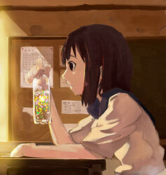  black_hair bottle classroom desk female holding inaba_taiju indoors original profile school sitting solo 