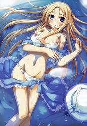  absurdres bikini blonde_hair blue_eyes blush breasts carina_verritti earrings female groin hair_ornament hairclip hat highres imageboard_desourced jewelry ko~cha large_breasts long_hair lying non-web_source shukufuku_no_campanella smile solo swimsuit undressing water windmill_(company) 