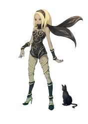  absurdres animal bandana blonde_hair dark-skinned_female dark_skin dusty_(gravity_daze) feline female gravity_daze high_heels highres kitten_(gravity_daze) leotard official_art photoshop_(medium) red_eyes saitou_shunsuke scarf shoes vambraces 