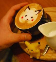  artist&#039;s_hand_in_frame bad_link coffee food food_art_(medium) latte_art latte_art_(medium) lowres photo_(medium) pikachu pokemon pokemon_(creature) unconventional_media 