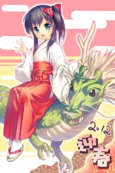  2012 :d black_hair blush bow chinese_zodiac commentary_request dragon eastern_dragon egasumi female hairbow hakama hakama_skirt highres horns japanese_clothes miko new_year open_mouth original photoshop_(medium) red_hakama riding side_ponytail skirt smile solo tabi takoyaki_(roast) year_of_the_dragon 