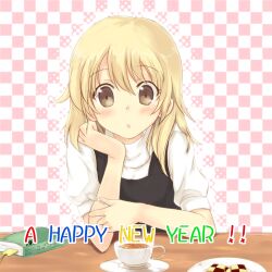  :o blonde_hair blush book brown_eyes checkered_background commentary_request cup female food hiiragi_mitsuna holding holding_spoon kirisame_marisa long_hair new_year no_headwear partial_commentary plate solo spoon table touhou 