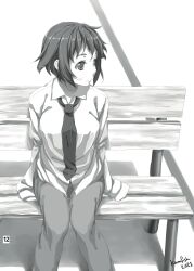  amputee armless_amputee artbook bench blouse double_amputee female greyscale highres kamifish katawa_shoujo knees_together_feet_apart monochrome necktie official_art pants school_uniform shirt short_hair sitting sleeve_tied_shut solo tezuka_rin tied_shirt tied_sleeves yamaku_high_school_uniform 