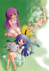  3girls barefoot black_hairband blonde_hair blue_hair blush book dress feet furude_rika grass green_skirt hair_ornament hairband hanyuu higurashi_no_naku_koro_ni horns houjou_satoko long_hair lying momoyama_hinase multiple_girls purple_eyes purple_hair red_eyes short_hair sitting skirt sleeping smile 