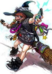  backpack bag bandaid bespectacled broom cellphone commentary_request female glasses green_eyes hat highres jewelry jonpei necklace phone photoshop_(medium) pixiv_fantasia pixiv_fantasia_wizard_and_knight red_hair shoes smartphone solo witch_hat 