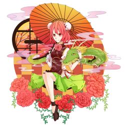  bun_cover commentary_request double_bun dragon eastern_dragon egasumi female flower hair_bun hisame_(gocbu) ibaraki_kasen koutei_(touhou) oil-paper_umbrella pink_eyes pink_flower pink_hair pink_rose rose round_window short_hair smile solo touhou umbrella window 