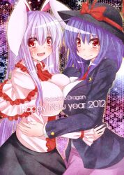  2girls animal_ears blush breast_press breasts commentary_request cosplay costume_switch hat large_breasts light_purple_hair long_hair megawatt multiple_girls nagae_iku nagae_iku_(cosplay) photoshop_(medium) purple_hair rabbit_ears red_eyes reisen_udongein_inaba reisen_udongein_inaba_(cosplay) short_hair smile symmetrical_docking touhou very_long_hair 