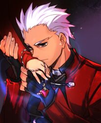  archer bad_id bad_pixiv_id dark_skin dark_skinned_male empew fate/stay_night fate_(series) fingerless_gloves gloves grey_eyes hands jewelry male_focus necklace tohsaka_rin white_hair 