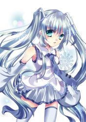  alternate_color alternate_hair_color blue_eyes blue_hair commentary_request detached_sleeves female hatsune_miku long_hair necktie siro_asterisk skirt snowflakes solo thighhighs twintails very_long_hair vocaloid yuki_miku yuki_miku_(2010) zettai_ryouiki 