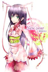  bad_id bad_pixiv_id female green_eyes hair_ornament japanese_clothes kaden_(kuzek) kimono long_hair new_year original photoshop_(medium) purple_hair solo 