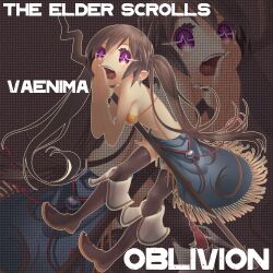  bad_id bad_pixiv_id bikini boots brown_hair female ma_ko open_mouth purple_eyes staff swimsuit the_elder_scrolls the_elder_scrolls_iv:_oblivion twintails typo vaermina 