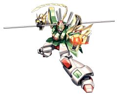  commentary_request dragon_gundam fighting_stance g_gundam gundam highres mecha no_humans photoshop_(medium) polearm robot simple_background solo tect weapon 