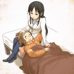  2girls akiyama_mio bad_id bad_pixiv_id bed black_eyes black_hair blanket blush bonjin brown_hair closed_eyes k-on! lap_pillow long_hair multiple_girls pants smile tainaka_ritsu under_covers 