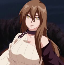  aki_sora aki_sora_(bleach) aoi_aki bleach breasts brown_hair chains crossover gold_eyes large_breasts lowres parody style_parody yellow_eyes zanpakuto-leader 