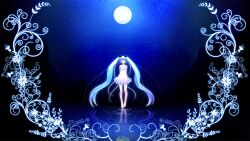  ^_^ animal_ears aqua_hair arms_behind_back bare_shoulders blue_theme cat&#039;s_dance_(vocaloid) cat_ears closed_eyes commentary_request female flower full_moon hatsune_miku highres kintarou_(kintarou&#039;s_room) long_hair moon night night_sky reflection ripples skirt sky smile solo twintails very_long_hair vocaloid water white_skirt 